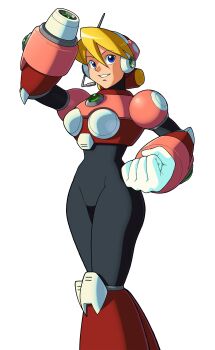 Rule 34 | 1girl, absurdres, alia (mega man), android, arm cannon, armor, blonde hair, blue eyes, chest jewel, clenched hand, clenched teeth, diegodoodles, gloves, helmet, highres, jewelry, looking at viewer, mega man (series), mega man x (series), navigator, official style, pink armor, pink helmet, robot ears, robot girl, sensei haruki suetsugu (style), short hair, simple background, smile, solo, speaking tube headset, teeth, weapon, white background, white gloves
