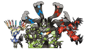antlers blacknirrow blue_eyes chibi flying gen_6_pokemon highres horns legendary_pokemon nintendo no_humans open_mouth pokemon pokemon_(creature) simple_background tongue tongue_out white_background white_eyes xerneas yveltal zygarde zygarde_(10) zygarde_(50%) zygarde_(complete) zygarde_core
