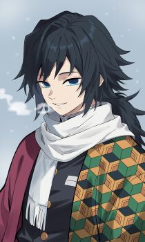 1boy absurdres black_hair black_jacket blue_eyes buttons commentary_request demon_slayer_uniform empty_eyes gold_buttons haori high_collar highres jacket japanese_clothes kikkoumon kimetsu_no_yaiba kqi621 long_hair looking_at_viewer low_ponytail male_focus parted_lips ponytail print_haori red_haori scarf simple_background smile solo spiked_hair teeth tomioka_giyuu white_scarf