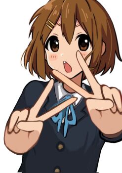 Rule 34 | 1girl, blue ribbon, blush, brown eyes, brown hair, dot nose, double v, feet out of frame, female focus, hair between eyes, hair ornament, hairclip, hirasawa yui, jacket, k-on!, long sleeves, looking at viewer, muchan1020, ribbon, sakuragaoka high school uniform, shirt, short hair, simple background, standing, teeth, upper body, v, white background, white shirt