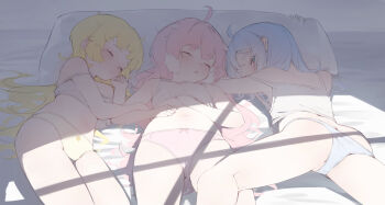 3girls ahoge blonde_hair blue_eyes blue_hair blush cameltoe camisole closed_eyes encore_(wuthering_waves) highres loli long_hair looking_at_viewer lying medium_hair midriff multiple_girls on_stomach panties pillow pink_hair sidelocks sleeping underwear verina_(wuthering_waves) white_camisole white_panties wuthering_waves xaea_xp youhu_(wuthering_waves)