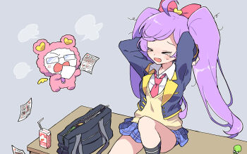 &gt;_&lt; 1girl academic_test ahoge anger_vein angry arms_up bag blazer blue_jacket blue_skirt bow closed_eyes collared_shirt cropped_jacket desk glasses hair_bow highres holding holding_paper jacket juice_box knee_up kuma_(pripara) long_hair long_sleeves manaka_laala necktie nojima_minami on_desk open_mouth paper paprika_private_academy_school_uniform pink_bow pink_necktie plaid_clothes plaid_skirt pleated_skirt pretty_series pripara purple_hair school_bag school_uniform scolding shirt sitting skirt solo stuffed_animal stuffed_toy tears teddy_bear twintails very_long_hair vest white_shirt yellow_vest