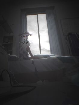 1girl bed bedroom black_halo black_horns blanket blue_archive commentary curtains dark day demon_girl demon_horns demon_wings from_behind from_below grey_sky halo highres hina_(blue_archive) hina_(pajamas)_(blue_archive) horns indoors long_hair looking_outside mira_k multiple_horns official_alternate_costume on_bed overcast pajamas pink_pajamas polka_dot polka_dot_pajamas purple_halo sitting sky slippers solo unworn_slippers white_hair window wings