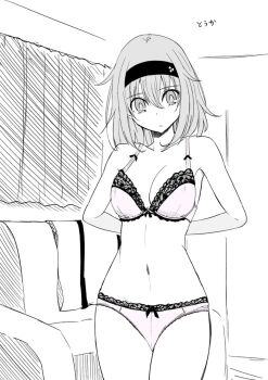 1girl arm_behind_back bare_shoulders bra breasts cleavage closed_mouth collarbone couch cowboy_shot curtains greyscale hair_between_eyes hako_roku hazakura_touka headband indoors kunoichi_hajimemashita! large_breasts looking_down monochrome navel panties short_hair sidelocks sketch solo standing underwear