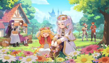 1boy 5girls :d absurdres apron bandaged_arm bandages black_bodysuit black_boots black_coat black_hair black_pants black_pantyhose black_robe black_shirt blonde_hair blunt_bangs bodysuit boots bow breasts brown_boots brown_hair building capelet castle child closed_eyes closed_mouth coat copyright_notice crossover cup donut dress elf female_knight_(guardian_tales) fern_(sousou_no_frieren) food frieren frilled_dress frilled_sleeves frills gem green_apron green_eyes green_gemstone grey_helmet grey_shirt guardian_tales hair_between_eyes hair_bow hair_through_headwear head_wreath helm helmet highres holding holding_cup holding_food holding_head_wreath holding_plate holding_stick innkeeper_loraine kneeling knight leg_armor little_princess_(guardian_tales) log long_hair long_skirt long_sleeves looking_at_another medium_breasts multicolored_hair multiple_girls official_art official_wallpaper on_grass open_mouth orange_dress outdoors pants pantyhose parted_bangs picnic_basket plate plume pointy_ears protected_link purple_eyes purple_hair purple_pupils purple_skirt red_capelet red_coat red_hair ribbon robe roots_(hair) second-party_source shirt shoes short_hair short_sleeves sidelocks sitting skirt smile socks sousou_no_frieren standing stark_(sousou_no_frieren) stick straight_hair striped_clothes striped_shirt tavern tea teacup tiara tree twintails visor_(armor) white_capelet white_dress white_shirt white_socks