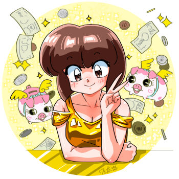 1girl arm_rest arm_under_breasts artist_name banknote blue_bow blue_ribbon blunt_bangs blunt_ends blush bob_cut border bow breasts brown_eyes brown_hair circle cleavage closed_mouth coin collarbone double_strap_slip dress elbow_rest gold_dress hand_up large_breasts leaning_forward light_smile looking_at_viewer money off-shoulder_dress off_shoulder outside_border piggy_bank raised_eyebrows ranma_1/2 ribbon shiny_skin short_hair signature sitting smile solo sparkle strap_slip table tendou_nabiki translated v wanta_(futoshi) white_border winged_pig yellow_background