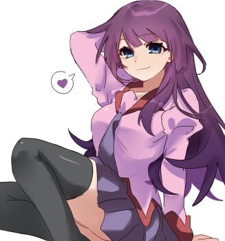 Rule 34 | 1girl, absurdres, arm support, bakemonogatari, black necktie, blue eyes, breasts, closed mouth, commentary, feet out of frame, heart, highres, juliet sleeves, long hair, long sleeves, looking at viewer, medium breasts, monogatari (series), naoetsu high school uniform, necktie, pink shirt, puffy sleeves, purple hair, purple skirt, school uniform, senjougahara hitagi, shirt, simple background, skirt, smile, solo, spoken heart, thighhighs, tsugumi (tgm 615486), untranslatable commentary, white background, zettai ryouiki