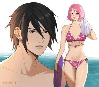 1boy 1girl artist_name bikini black_eyes black_hair bob_cut breasts cherry_blossom_print cleavage commentary cowboy_shot earrings english_commentary facial_mark floral_print forehead_mark front-tie_bikini_top front-tie_top green_eyes hair_between_eyes haruno_sakura hetero highres holding holding_own_hair holding_swim_ring holding_towel innertube jewelry looking_ahead looking_at_viewer medium_breasts multicolored_bikini naruto_(series) navel ocean panties parted_lips pink_bikini pink_hair pink_panties portrait raised_eyebrows shadow short_hair side-tie_panties sidelighting silver_earrings stomach swim_ring swimsuit tenartistt towel two-tone_bikini uchiha_sasuke underwear water watermark wet white_background