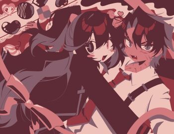 Rule 34 | 2boys, :d, black eyes, black hair, blending, blush stickers, brown hair, candy, checkerboard cookie, chocolate, chocolate heart, collared shirt, commentary, cookie, cupcake, dark-skinned male, dark skin, eyebrow cut, fang, food, half updo, hand on another's head, heart, heart-shaped food, heathcliff (project moon), heterochromia, highres, hong lu (project moon), limbus company, long hair, long sleeves, male focus, multiple boys, nantekottawo!!, necktie, open mouth, pink eyes, pink ribbon, project moon, red necktie, red theme, ribbon, ribbon border, shirt, short hair, smile, suspenders, untranslatable commentary, valentine, white shirt, wing collar, yaoi