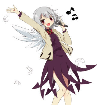 1girl absurdres blush bow bowtie commentary_request dress falling_feathers feathered_wings feathers grey_hair highres holding holding_microphone jacket kishin_sagume long_sleeves looking_at_viewer microphone music musical_note open_clothes open_jacket open_mouth purple_dress red_bow red_bowtie simple_background singing single_wing smile solo touhou tsuukinkaisoku_oomiya white_background white_wings wings