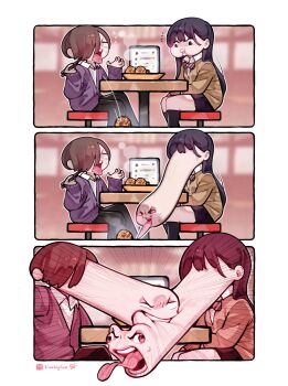 1boy 1girl anatomical_nonsense angry biting blank_eyes boku_no_kokoro_no_yabai_yatsu bow bowtie brown_eyes collared_shirt food hash_and_kiki&#039;s_first_d8_(meme) highres ichikawa_kyoutarou lianbiglian long_hair meme open_mouth school_uniform shirt sitting socks striped_bow striped_bowtie striped_clothes sweater_vest takoyaki tongue tongue_out white_shirt yamada_anna