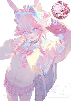 1girl :d absurdres animal_ears bag black_choker blue_eyes bow bowtie cardigan cellphone charm_(object) chibi choker commentary_request cowboy_shot evanescia_(amusement)_(honkai:_star_rail) evanescia_(honkai:_star_rail) fake_animal_ears from_above hair_between_eyes hair_ornament heart highres holding holding_phone honkai:_star_rail honkai_(series) long_sleeves looking_at_viewer luzi/fengli_nanzi miniskirt open_mouth overlighting phone pink_bow pink_bowtie pink_eyes pink_hair pink_skirt plaid_clothes plaid_skirt pleated_skirt puffy_long_sleeves puffy_sleeves school_uniform selfie shirt simple_background skirt smartphone smile solo standing v white_background white_shirt