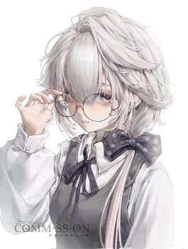 1girl absurdres adjusting_eyewear artist_name black_bow blush bow chinese_commentary closed_mouth collared_shirt commentary_request english_text glasses grey_hair hair_between_eyes hair_bow highres long_hair long_sleeves looking_at_viewer low_ponytail luebulue neck_ribbon original pink_eyes polka_dot ponytail ribbon round_eyewear shirt side_ponytail simple_background solo upper_body vest watermark white_background white_hair white_shirt