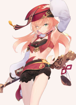 1girl antlers arm_up armpits black_bloomers bloomers border breasts closed_mouth coin_hair_ornament crop_top deer_antlers detached_sleeves feet_out_of_frame genshin_impact gradient_background green_eyes hair_between_eyes hair_ornament hair_over_one_eye hat horns lappet long_hair long_sleeves looking_at_viewer midriff nasshii pink_border pink_hair puffy_long_sleeves puffy_sleeves red_hat red_skirt scales skirt small_breasts smile solo standing standing_on_one_leg two-tone_legwear underwear white_background white_sleeves xiezhi_guan yanfei_(genshin_impact)