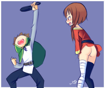 1boy 1girl angry arm_up ass bandaged_leg bandages belt black_belt black_panties black_pants black_thighhighs blue_background blush bow bow_panties brown_belt brown_hair cape clothes_theft drantyno dress embarrassed green_cape holding holding_panties holding_underwear kono_subarashii_sekai_ni_shukufuku_wo! long_sleeves megumin no_panties open_mouth panties pants red_dress red_eyes satou_kazuma shirt short_hair single_thighhigh smile teeth theft thighhighs underwear white_shirt wind wind_lift