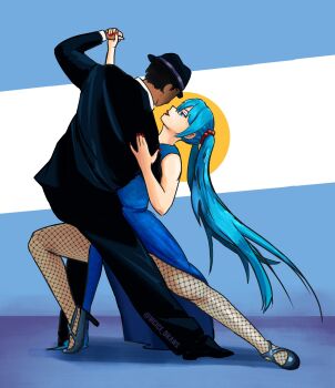 1boy 1girl alternate_costume aqua_hair argentinian_flag black_footwear black_hat black_jacket black_pants blue_dress blue_eyes dancing dark-skinned_male dark_skin dress fishnet_pantyhose fishnets formal_clothes hat hatsune_miku high_heels highres jacket long_hair mcice_draws pants pantyhose parted_lips profile red_nails side_slit smile suit very_long_hair vocaloid worldwide_miku