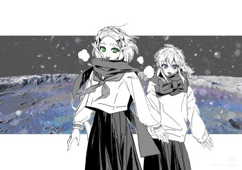 1boy 1girl black_sailor_collar black_scarf black_skirt blue_eyes braid couple cowboy_shot crown_braid glasses green_eyes hair_ornament hairclip hetero holding_hands limited_palette link long_skirt looking_at_another low_ponytail medium_hair neckerchief nintendo open_mouth parted_bangs pleated_skirt ponytail princess_zelda sailor_collar scarf school_uniform shirt short_hair shuo_yue sidelocks skirt smile the_legend_of_zelda the_legend_of_zelda:_breath_of_the_wild the_legend_of_zelda:_tears_of_the_kingdom white_shirt