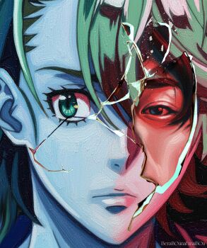 Rule 34 | 1boy, absurdres, black hair, blue background, close-up, cracked kawaii mask, fuuto tantei, green eyes, green hair, highres, kamen rider, kamen rider w, male focus, obakelope0530, philip (kamen rider), solo