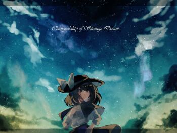 1girl black_capelet black_hair black_hat black_skirt blue_sky bow brown_eyes capelet closed_mouth cloud commentary expressionless hat hat_bow long_sleeves shinjitsu_no_kuchi shirt short_hair skirt sky solo star_(sky) starry_sky touhou upper_body usami_renko white_bow white_shirt