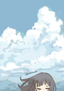 1girl absurdres artist_name brown_hair closed_eyes cloud commentary_request cumulonimbus_cloud floating_hair highres long_hair original outdoors sasaxxxx06 solo summer twitter_username wind