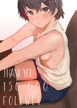 1girl azuse_neko bare_arms bare_shoulders blue_shorts breasts brown_eyes brown_hair closed_mouth downblouse expressionless feet_out_of_frame from_above from_side hair_between_eyes hair_ornament hairclip looking_at_viewer milestone_celebration nipple_slip nipples no_bra original ribs short_shorts shorts sideboob simple_background sitting small_breasts solo tank_top tareme thank_you white_background white_tank_top