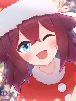 1girl alternate_costume blue_eyes blurry blurry_background blush commentary_request hair_flaps hat highres horse_girl looking_at_viewer napo_(user_vktv7727) one_eye_closed open_mouth pink_hair portrait sakura_chiyono_o_(umamusume) santa_costume santa_hat solo umamusume watermark
