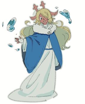 1girl antlers black_eyes blonde_hair blue_cape braid braided_bangs buck_teeth cape commentary deer_antlers deer_girl deltarune english_commentary fingerless_gloves full_body fur-trimmed_collar fur_trim gloves hair_over_one_eye highres horns hydrokinesis long_hair noelle_holiday robe solo teeth utdr_(toby_fox) very_long_hair water white_gloves white_robe yokuyo