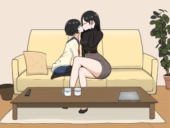 2girls belt black_footwear black_hair carpet closed_eyes coffee_mug commentary computer controller couch couple cup highres incest kiss laptop long_hair mug multiple_girls on_couch original pillow plant potted_plant remote_control school_uniform shoes short_hair siblings sisters trash_can ya_me_ta_shigata yuri