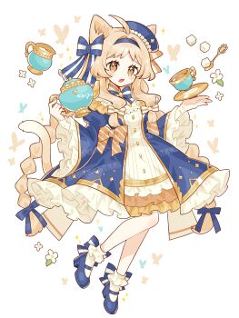 1girl absurdres ahoge animal_ears blonde_hair blue_bow blue_bowtie blue_dress blue_hairband blue_hat blue_shoes blush bow bowtie cat_ears cat_girl cat_tail commentary cup dress flower frilled_dress frilled_sleeves frills full_body hair_bow hair_intakes hairband hat highres holding holding_teapot long_hair long_sleeves open_mouth original saijo1201 saucer shoes simple_background socks solo spoon striped_bow striped_bowtie striped_clothes sugar_cube tail teacup teapot watermark white_background white_bow white_socks wide_sleeves yellow_eyes