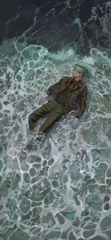 1boy absurdres black_shirt challia_bull closed_eyes collared_shirt facial_hair formal_clothes from_above gloves goatee green_hair green_jacket green_pants green_suit green_vest gundam gundam_gquuuuuux hayakuinnitte highres jacket lying male_focus mature_male mustache ocean open_mouth pants partially_submerged shirt solo suit vest waves white_gloves