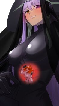 Rule 34 | 2girls, absurdres, ahoge, black bodysuit, black gloves, black headdress, blush, bodysuit, breasts, dripping, fate/grand order, fate (series), fujimaru ritsuka (female), giant, giantess, gimp suit, gloves, green ribbon, hair ribbon, heterochromia, highres, kingprotea (fate), large breasts, latex, latex bodysuit, long hair, medium breasts, multiple girls, orange hair, purple eyes, purple hair, ribbon, saliva, short hair, smile, toumokorosi 01, very long hair, vore, x-ray, xochitonal (fate), yellow eyes