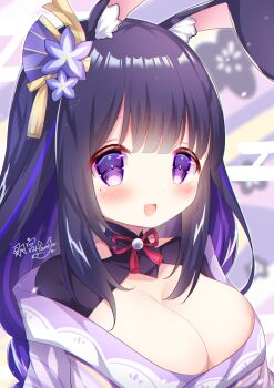 1girl 2023 animal_ear_fluff animal_ears artist_name blurry blurry_background blush breasts bridal_gauntlets cleavage clothing_cutout commentary_request fan_hair_ornament genshin_impact hair_ornament hamiyamiko happy happy_new_year highres huge_breasts japanese_clothes kimono looking_at_viewer looking_to_the_side mole mole_under_eye multicolored_hair neck_ribbon new_year off_shoulder open_mouth purple_eyes purple_hair purple_kimono rabbit_ears rabbit_girl raiden_shogun red_ribbon ribbon shade shoulder_cutout signature smile solo streaked_hair upper_body wide_sleeves