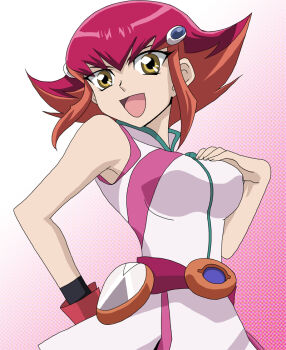 1girl arm_behind_back armpit_peek breasts hand_on_own_hip highres kouzuki_anna large_breasts looking_at_viewer multicolored_hair open_mouth orange_hair pink_hair short_hair smile solo tongue two-tone_hair yellow_eyes yu-gi-oh!