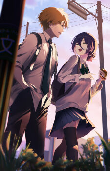 1boy 1girl absurdres black_bow black_necktie black_pants black_skirt black_thighhighs blonde_hair blurry blurry_foreground blush bow bowtie chainsaw_man commentary_request denji_(chainsaw_man) depth_of_field eye_contact green_bow green_bowtie green_eyes grey_sweater_vest hair_between_eyes hand_in_pocket highres holding_carton kwnri long_hair_between_eyes looking_at_another necktie outdoors pants pleated_skirt purple_hair reze_(chainsaw_man) school_uniform shirt skirt smile sweatdrop sweater_vest thighhighs utility_pole walking white_shirt