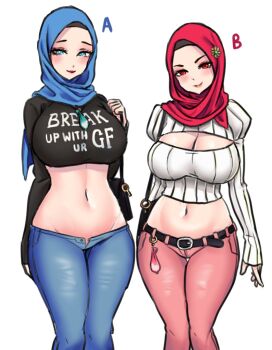 2girls belt blue_eyes breasts cleavage cleavage_cutout closed_mouth clothing_cutout condom hijab large_breasts long_sleeves mother_and_daughter multiple_girls navel no_panties none_(44404247) original red_eyes revealing_clothes smile sweater take_your_pick unbuttoned_pants used_condom white_background