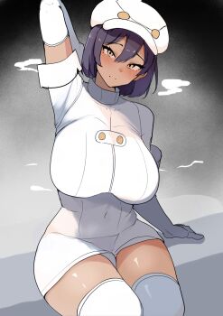 1girl absurdres aether_foundation_employee aether_foundation_uniform black_hair breasts brown_eyes dark-skinned_female dark_skin elbow_gloves gloves hat highres jumpsuit large_breasts looking_at_viewer nintendo overalls pokemon pokemon_sm short_hair sitting solo tatsu_(user_rjes8545) thighhighs white_gloves white_hat white_jumpsuit white_overalls white_thighhighs