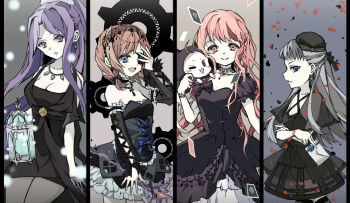 4girls absurdres ace_(playing_card) ace_of_diamonds ace_of_hearts animal arm_cutout bare_shoulders bead_necklace beads beret between_fingers black_bow black_choker black_cloak black_dress black_hairband black_hat black_sleeves black_thighhighs blue_eyes bobo_(miracle_nikki) bow braid breasts brown_eyes brown_hair card cat choker circlet cleavage cloak closed_mouth clothed_animal clothing_cutout collarbone commentary_request cowboy_shot criss-cross_straps cross-laced_clothes cross-laced_dress cross-laced_sleeves crossed_arms detached_sleeves diamond_(shape) dot_nose dress ear_covers earrings envelope expressionless eyelashes eyepatch floating_card frilled_choker frilled_dress frilled_skirt frilled_sleeves frills gears gown grey_hair grey_pantyhose hair_bow hair_ornament hair_over_shoulder hair_scrunchie hairband half_up_half_down_braid hand_on_own_face happy hat hat_bow head_tilt heart high_ponytail highres holding holding_envelope holding_lantern holding_staff hood hood_up hooded_cloak jewelry kimi_(miracle_nikki) koopo-senpai lace lace_choker lace_hairband lantern large_breasts layered_dress light_blush long_dress long_hair long_sleeves low_twintails lunar_(miracle_nikki) mini_hat miniskirt miracle_nikki momo_(nikki) multiple_girls necklace nikki_(nikki) nikki_(series) one_eye_closed open_mouth pale_skin pantyhose parted_lips petals pink_eyes pink_hair playing_card pointy_nose ponytail puffy_short_sleeves puffy_sleeves purple_eyes purple_hair rose_petals scrunchie see-through_clothes see-through_pantyhose see-through_sleeves short_dress short_sleeves short_twintails shoulder_cutout sidelocks sitting skirt skirt_under_dress smile snowing solid_oval_eyes staff strapless strapless_dress striped_bow thighhighs tsurime twintails waist_bow wavy_hair white_cat white_scrunchie white_skirt wrist_bow