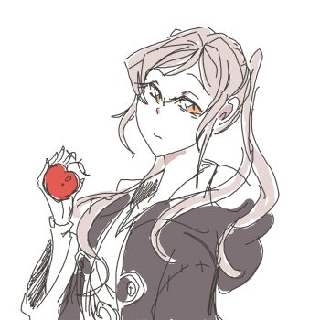 apple davewaterfalls female_robin_(fire_emblem) fire_emblem fire_emblem_awakening food fruit looking_at_viewer nintendo robe simple_background sketch white_hair yellow_eyes