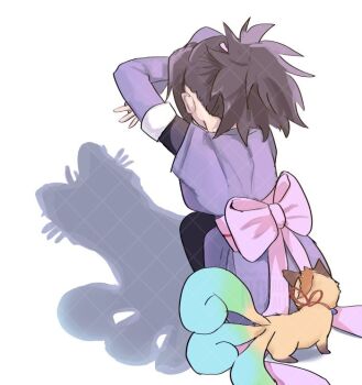 Rule 34 | 1girl, arms up, back ribbon, black hair, black pantyhose, cat shadow puppet (meme), commentary request, corrine, creature, detached sleeves, different shadow, fingerless gloves, from above, from behind, fujibayashi sheena, full body, gloves, high ponytail, japanese clothes, kimono, long hair, mametaro (ma me ta ro), meme, ninja, pantyhose, pink ribbon, pink sash, ponytail, purple kimono, ribbon, sash, shadow puppet, simple background, spiked hair, squatting, tales of (series), tales of symphonia