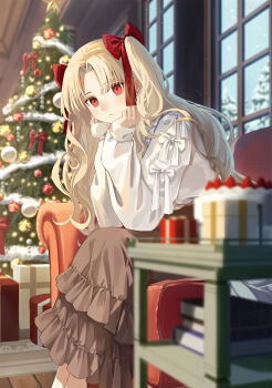 1girl absurdres blonde_hair blush cake christmas christmas_tree commentary_request couch earrings ereshkigal_(fate) fate/grand_order fate_(series) food hair_ribbon highres indoors jewelry long_hair long_sleeves looking_at_viewer on_couch red_eyes red_ribbon ribbon shirt sitting skirt snowing solo tobi_(pixiv41237754) two_side_up winter
