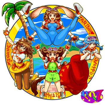 4girls animal_ears blue_hair blue_unitard bob_cut brown_eyes brown_hair brown_pantyhose cat_ears character_name chibi_(waku_waku_7) cloud collared_shirt commentary_request covered_navel cropped_jacket dress fingerless_gloves full_body glasses gloves gluteal_fold goggles green_shirt green_shorts highres logo looking_at_viewer low_ponytail makihara_arina megane_(waku_waku_7) monkey_ears multiple_girls noppo_(waku_waku_7) ocean okeko pantyhose pointy_ears ponytail rabbit_ears red_dress red_gloves shirt shoes shorts ski_goggles skin_tight skirt sneakers spread_legs teeth unitard upper_teeth_only waku_waku_7 yellow_skirt