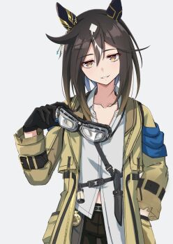 1girl absurdres animal_ears black_gloves black_hair black_pants blush brown_eyes brown_hair coat collarbone collared_shirt commentary_request compass danboru_(jdanboru1182) ear_covers film_cartridge gloves goggles goggles_around_neck gradient_eyes hair_between_eyes hand_in_pocket highres horse_ears horse_girl knife long_hair looking_at_viewer multicolored_eyes multicolored_hair pants parted_lips purple_eyes sheath shirt simple_background smile solo stay_gold_(umamusume) streaked_hair umamusume white_background white_hair white_shirt yellow_coat