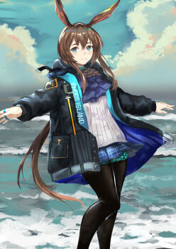 1girl amiya_(arknights) animal_ears arknights ascot beach bkko black_jacket black_pantyhose blue_eyes blue_skirt brown_hair cloud cloudy_sky hair_between_eyes infection_monitor_(arknights) jacket long_hair ocean open_clothes open_jacket outstretched_arms pantyhose purple_ascot rabbit_ears rabbit_girl shirt skirt sky solo white_shirt