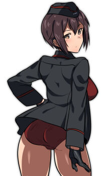 Rule 34 | 1girl, ass, bikini, black gloves, blush, breasts, brown eyes, brown hair, commentary, curvy, em (totsuzen no hakike), flat ass, from behind, garrison cap, girls und panzer, gloves, hair between eyes, hand on own hip, hat, heattech leotard, kuromorimine military uniform, large breasts, leotard, leotard under clothes, looking at viewer, looking back, nishizumi maho, revision, sketch, solo, standing, swimsuit, thong bikini, white background, wide hips