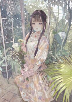 Rule 34 | 1girl, bead necklace, beads, black hair, bouquet, braid, braided twintails, dress, earrings, feet out of frame, floral print, floral print dress, flower, gloves, greenhouse, highres, holding, holding bouquet, indoors, jewelry, lace, lace gloves, long hair, looking at viewer, mole, mole under eye, necklace, original, parted lips, pink flower, pink gloves, plant, potted plant, print dress, purple eyes, purupurualiens, solo, strawberry necklace, twin braids, twintails, white flower