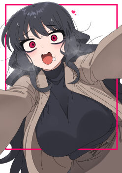 1girl :d @_@ bags_under_eyes black_hair black_sweater blush border breasts brown_jacket commentary crazy_eyes furrowed_brow hanging_breasts heart highres inset_border jacket large_breasts long_hair long_sleeves looking_at_viewer nakta open_clothes open_jacket open_mouth outside_border pink_border pink_eyes pov smile solo steam sweat sweater symbol-only_commentary through_medium turtleneck turtleneck_sweater wavy_hair yang_darae you&#039;re_under_my_skin! yukadon yukadon_on_viewer