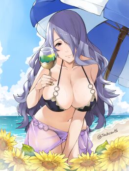 1girl beach beach_umbrella bikini blue_sky breasts camilla_(fire_emblem) camilla_(tropical_beauty)_(fire_emblem) cleavage closed_mouth cloud cup day drinking_glass female_focus fire_emblem fire_emblem_fates fire_emblem_heroes flower hair_over_one_eye highres holding holding_cup holding_drinking_glass j@ck large_breasts long_hair nintendo o-ring o-ring_bikini ocean purple_eyes purple_hair sarong see-through_clothes sky solo sunflower swimsuit thighs twitter_username umbrella water