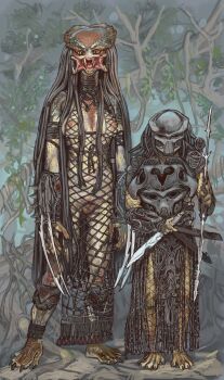 1boy 1girl absurdres alien arm_blade armor bifurcated_jaw claws dreadlocks fangs fishnets gauntlets highres jungle long_hair mandibles monster_girl mossacannibalis nature nipples orange_eyes pauldrons predator_(character) predator_(series) pussy shoulder_armor shoulder_cannon tagme tall_female weapon