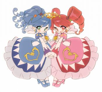 2girls blue_hair blush bow chest_bow crest dress drill_hair earrings fine_(futagohime) frills fushigiboshi_no_futago_hime gold_tiara gown green_eyes highres holding_hands jewelry long_hair long_sleeves looking_at_viewer magical_girl multiple_girls nailiu_mashu open_mouth pink_dress red_eyes red_hair rein_(futagohime) smile standing star_(symbol) star_earrings tiara twintails