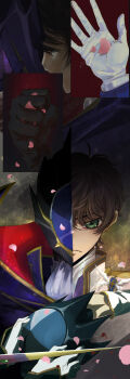 2boys absurdres black_gloves black_hair brown_hair cape code_geass giving gloves gold_trim green_eyes helmet high_collar highres holding holding_unworn_helmet kururugi_suzaku lelouch_vi_britannia male_focus multiple_boys multiple_views pink_petals purple_cape short_hair two-sided_cape two-sided_fabric unworn_helmet white_gloves youlitai zero_(code_geass)